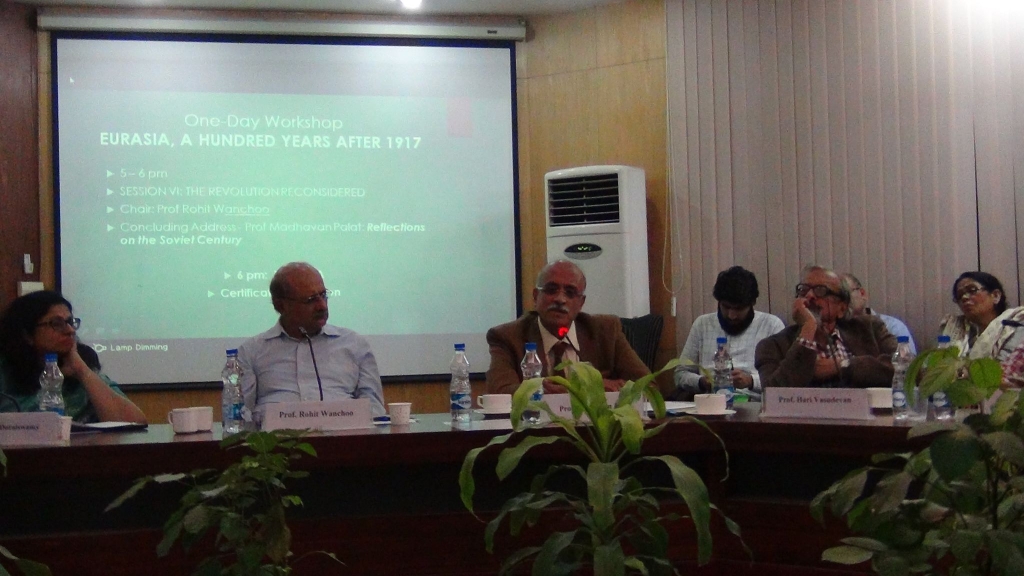 One-day workshop on Eurasia: A Hundred Years After 1917, November 9, 2017. Prof. Vasudevan listening to Prof. Madhavan Palat’s Valedictory Address on "The Russian Revolution Reconsidered".