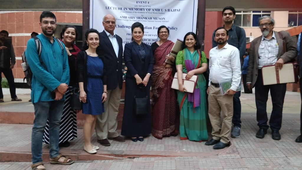 Conference on Status Update on International and Area Studies: Group photograph taken after the special lecture in memory of Ambassador Bajpai (the first director of the Academy of Third World Studies), delivered by Ambassador Shiv Shankar Menon on March 13, 2019, and chaired by Prof. Vasudevan.