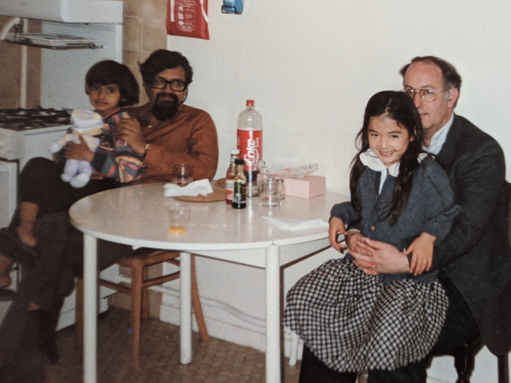 With Mrinalini, his old friend Dominic (Chai) Lieven and Chai's daughter Alecka, Cambridge, May 1995